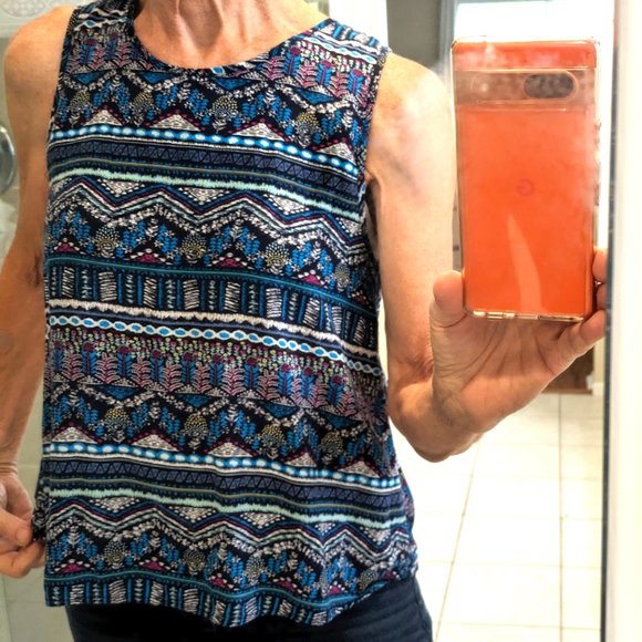 Elodie sleeveless teal-blue-black-magenta geometric scoop-neck tank top Sz M-L - Picture 3 of 11